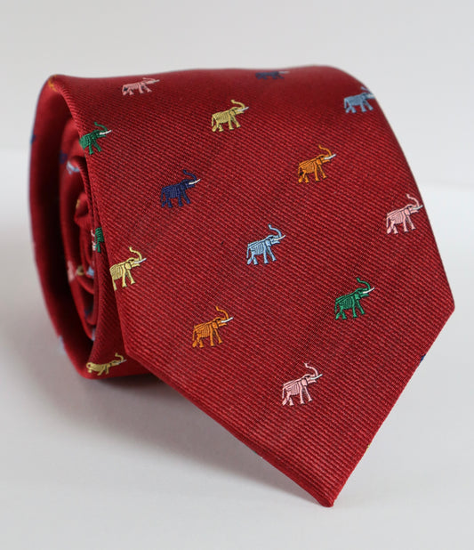 The Shirt Shop Tie - Crimson w/ Multi-Color Elephants