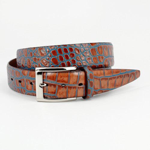 Torino Faux Two Tone Crocodile Embossed Calfskin Belt (Tan/Blue)