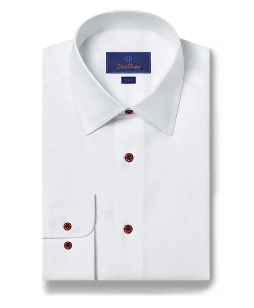 David Donahue White with Crimson Buttons Dress Shirt (Trim Fit) The Shirt Shop David Donahue White with Crimson Buttons Dress Shirt (Trim Fit) The Shirt Shop