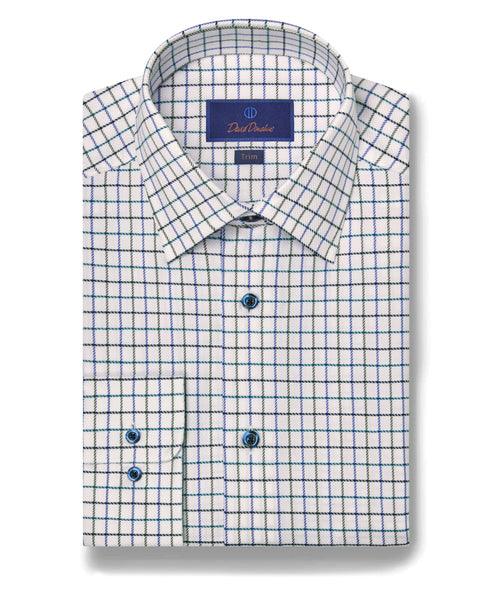 David Donahue White & Green Windowpane Dress Shirt