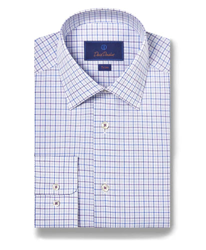 David Donahue Blue & Lilac Poplin Check Dress Shirt (Trim Fit)