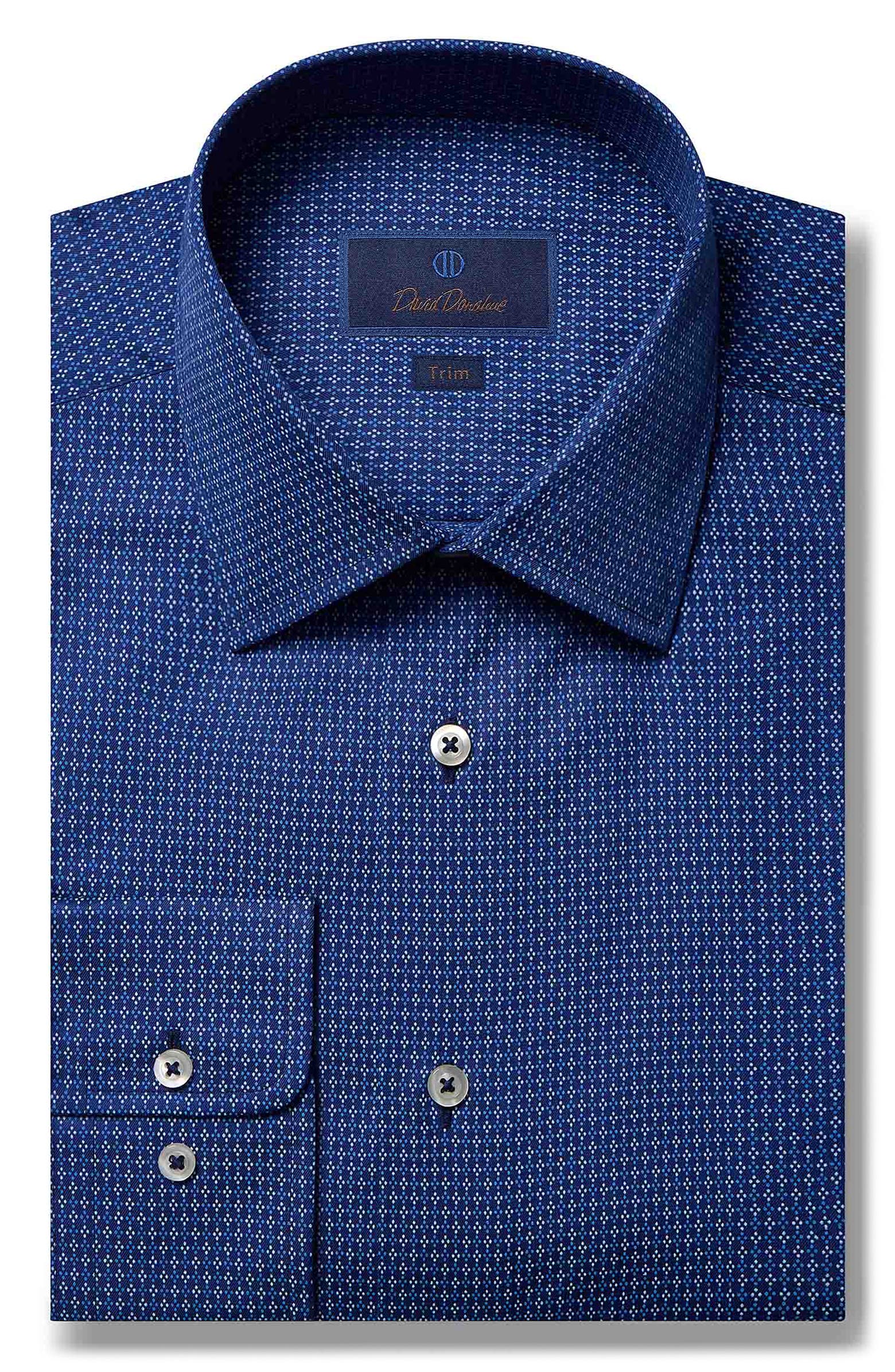 David Donahue Dress Shirt Navy Microdot Print Trim