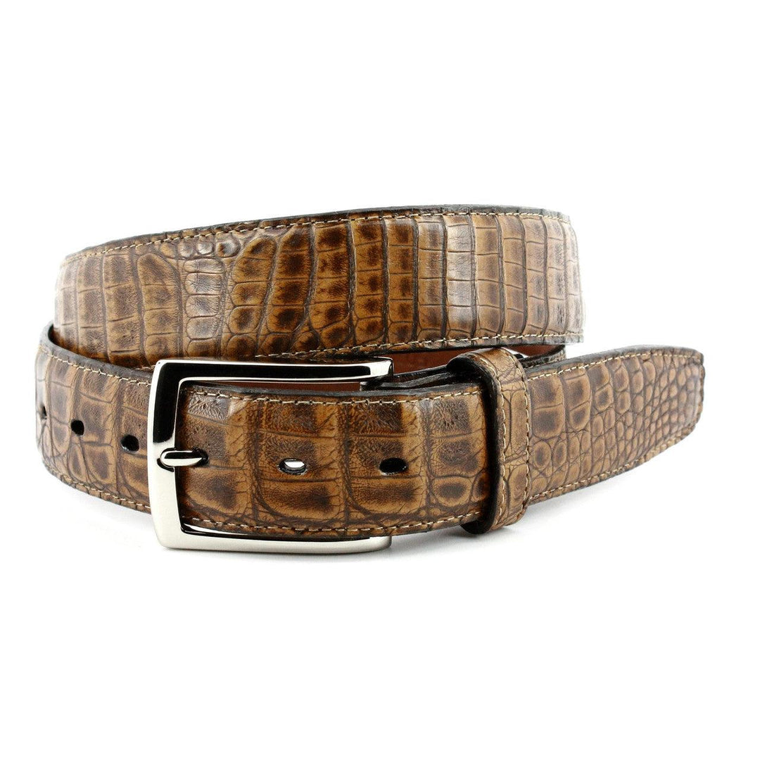 Torino 35MM Pecan Burnished Caiman w/ Polished Nickel Buckle Belt