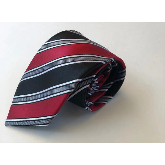 The Shirt Shop Tie - Black with Crimson/Silver/White Stripes
