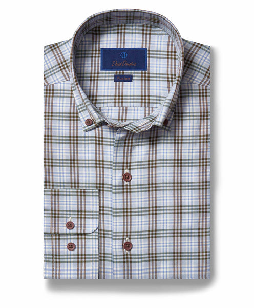 David Donahue Fusion Shirt - Green and Brown Plaid