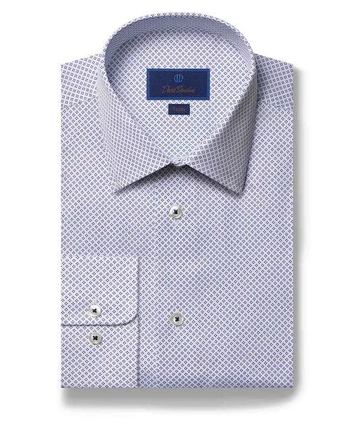 David Donahue Dress Shirt White Navy Geometric Print Trim