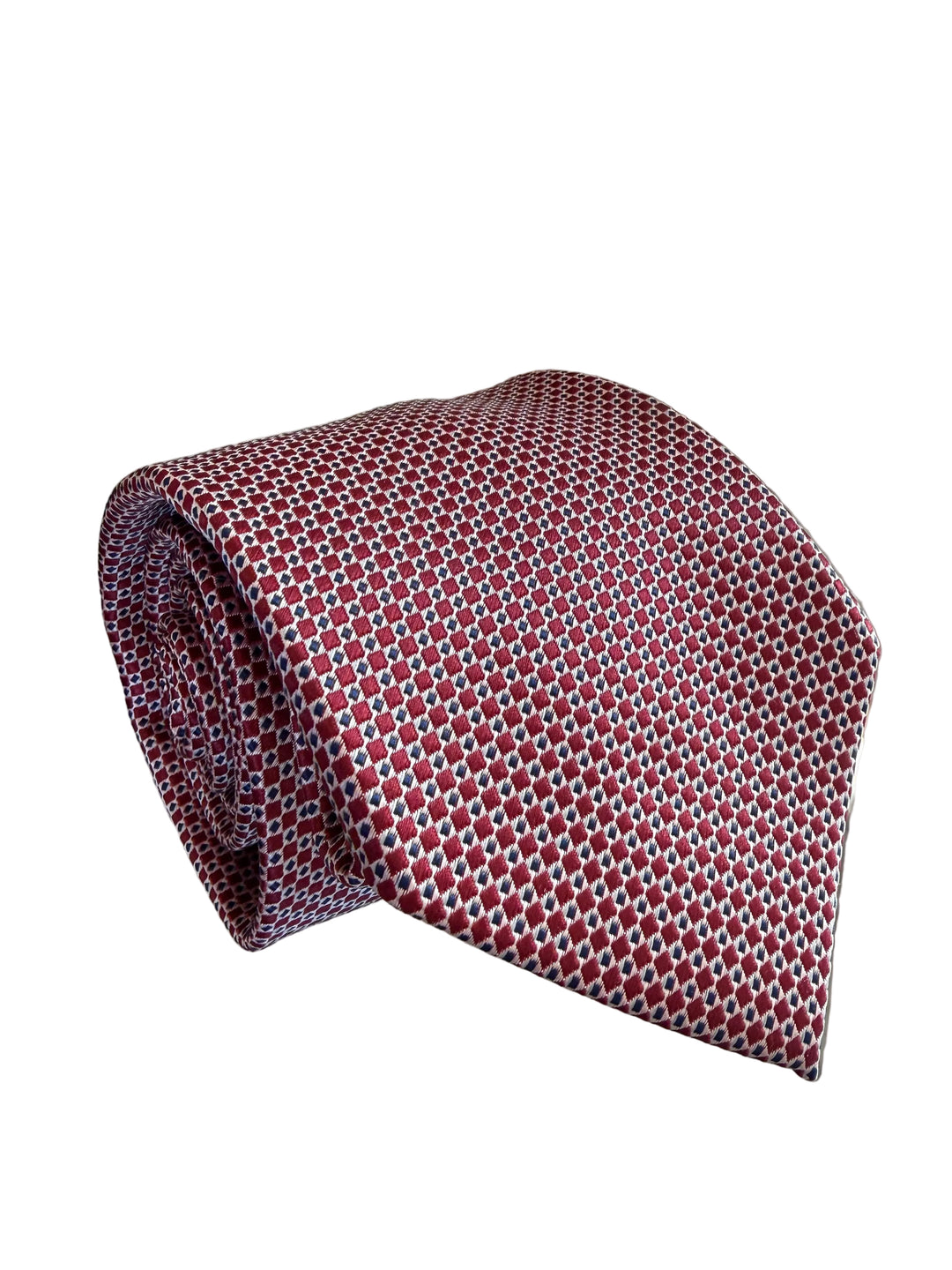 The Shirt Shop Tie- Crimson with Silver/Navy Pattern