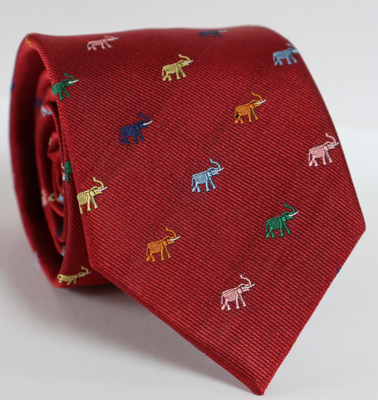 The Shirt Shop Tall Tie - Crimson w/ Multi-Color Elephants