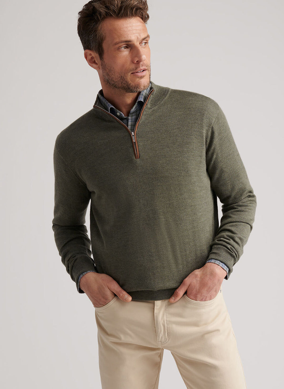 Peter Millar Autumn Crest Suede Trim Quarter Zip- Basil