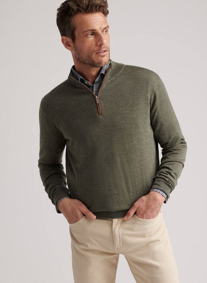 Peter Millar Autumn Crest Suede Trim Quarter Zip- Basil