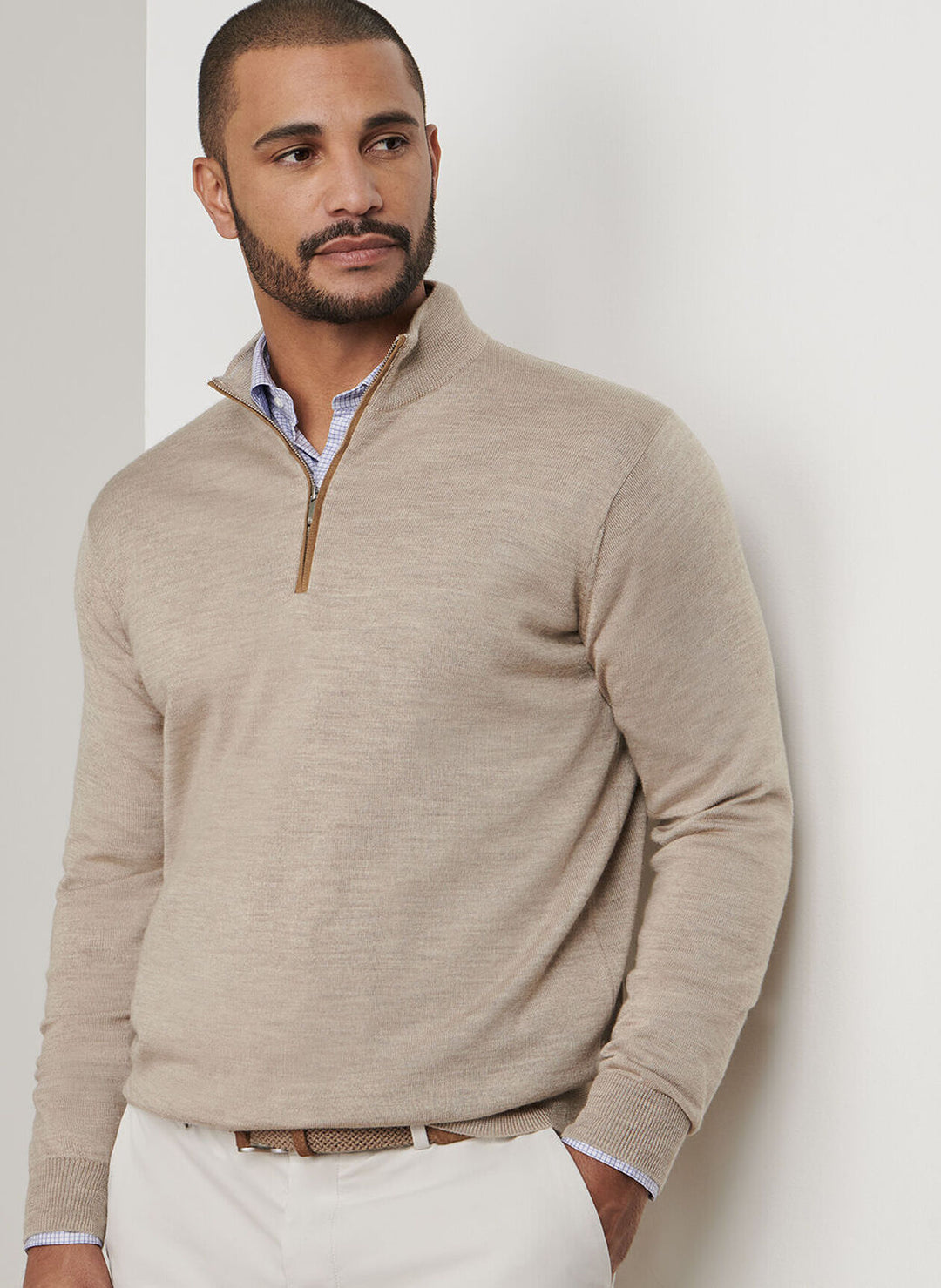 Peter Millar Autumn Crest Suede Trim Quarter Zip- Light Elm