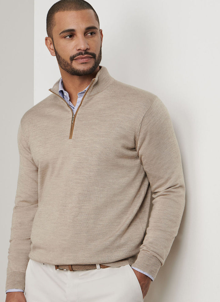 Peter Millar Autumn Crest Suede Trim Quarter Zip- Light Elm