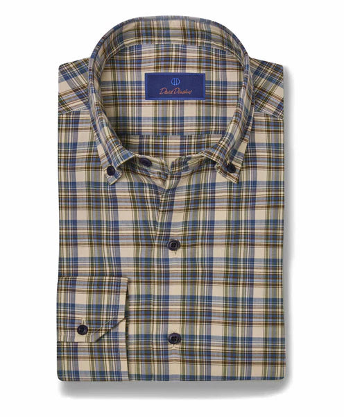 David Donahue Olive Plaid Casual Button Down