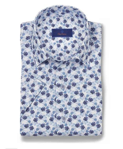 David Donahue White & Blue Tropical Print Short Sleeve Shirt