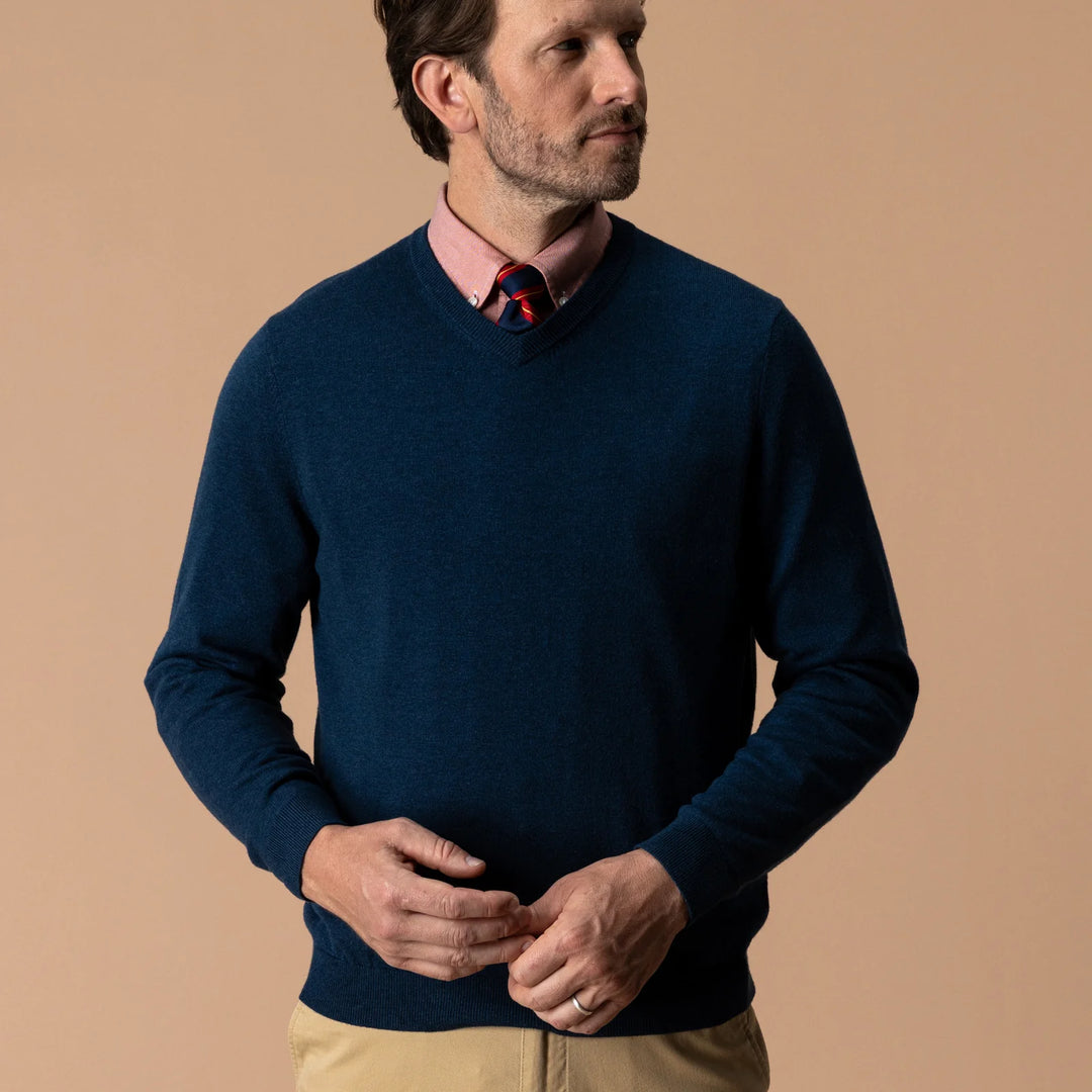 Duck Head Buckley Merino V-Neck Sweater- Navy Peony Heather
