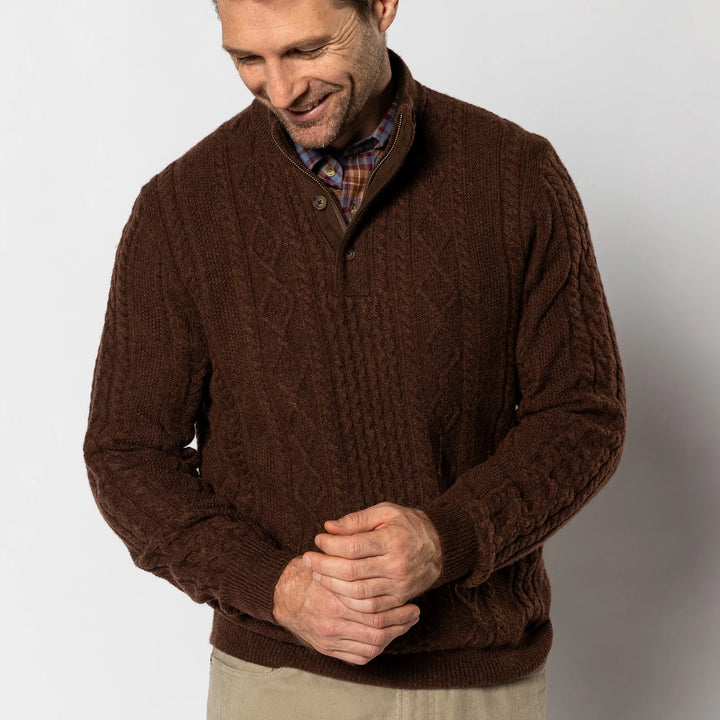 Duck Head Haines 1/4 Zip Cable Knit Sweater - Dark Brown Heather