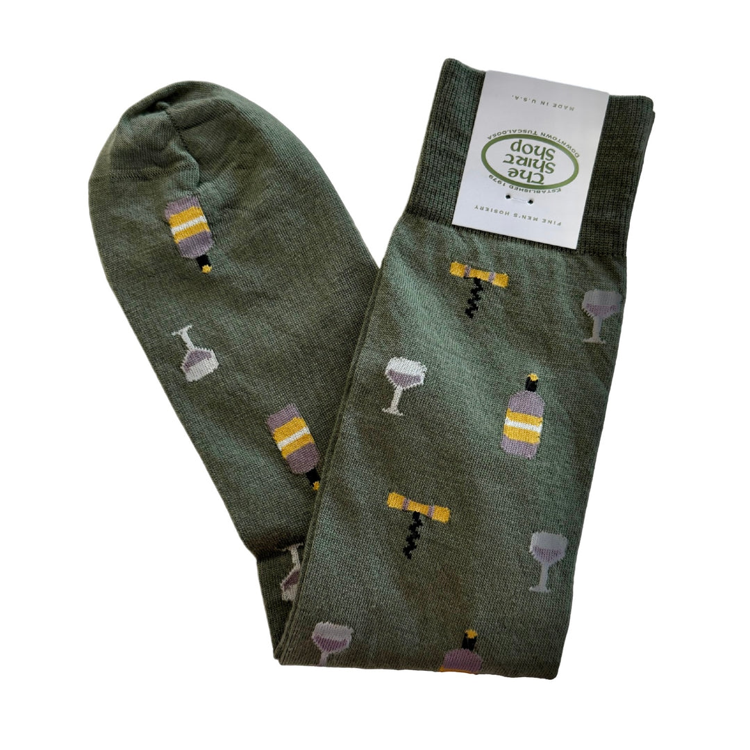 The Shirt Socks- Pine Green with Wine Glass & Bottles