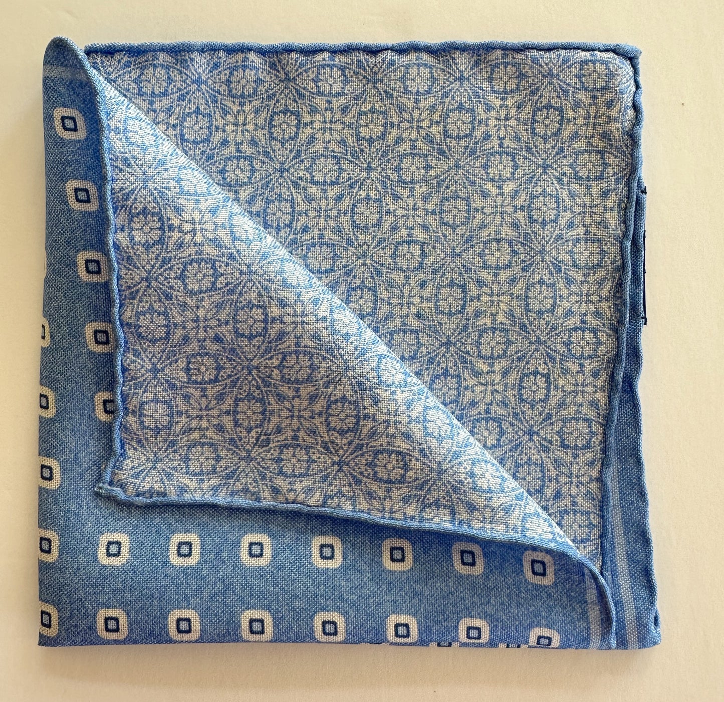 David Donahue Pocket Square - Sky Blue with Square Dots/Floral