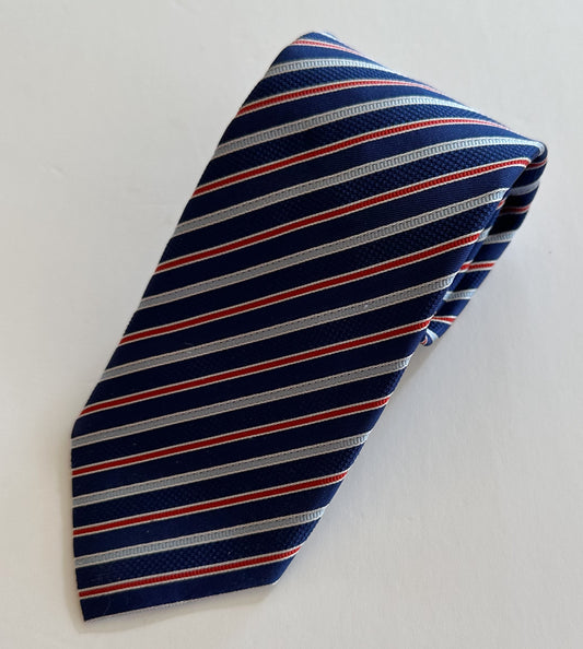 David Donahue Tie - Navy with Red/White/Light Blue Stripe