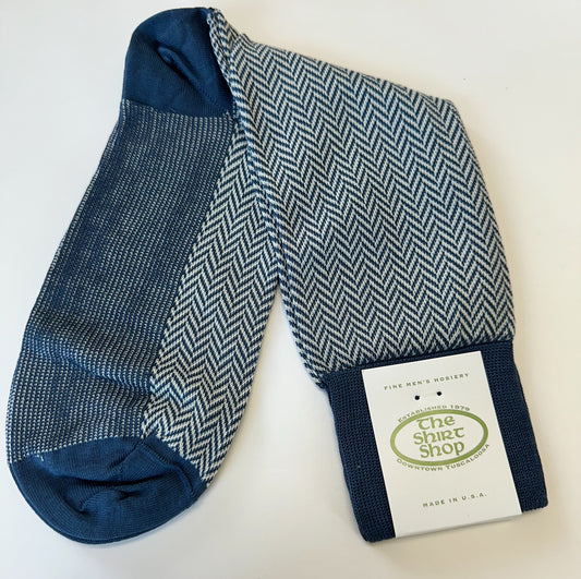 The Shirt Shop Dress Socks - Indigo and Cream Herringbone