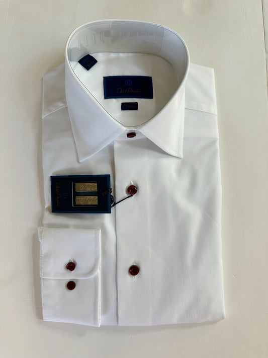 David Donahue White with Crimson Buttons Dress Shirt (Trim Fit)