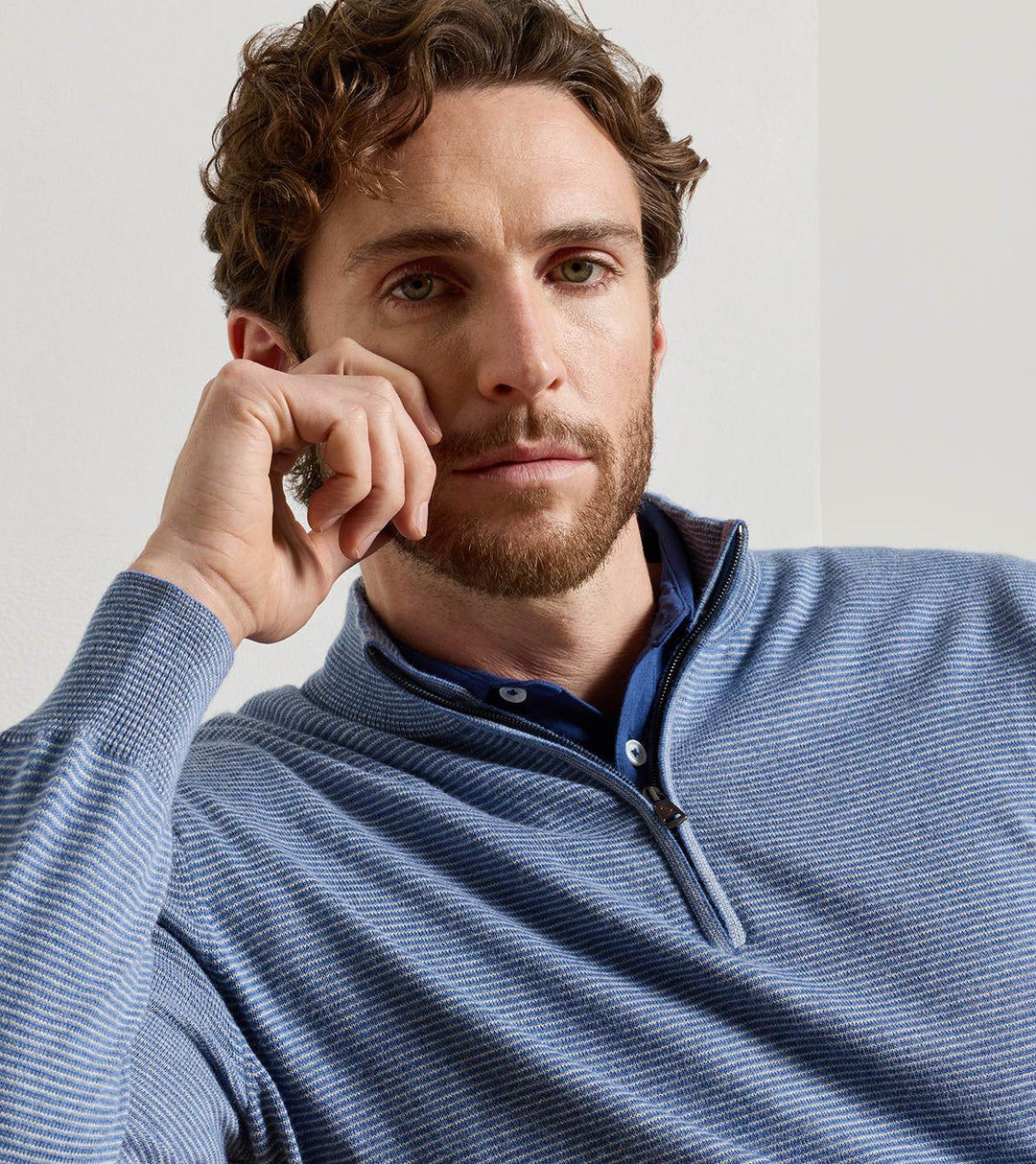 Peter Millar Canton Stripe Quarter Zip Sweater- Blue Freesia