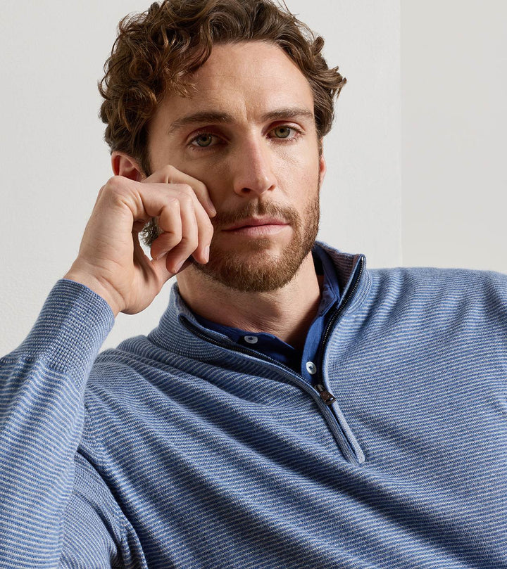 Peter Millar Canton Stripe Quarter Zip Sweater- Blue Freesia