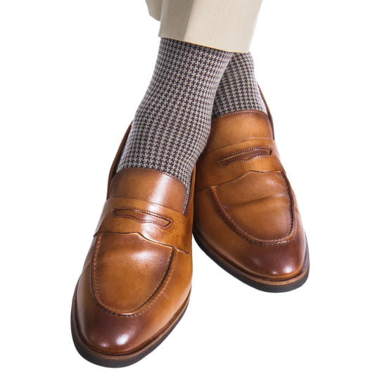 The Shirt Shop Dress Socks - Mid-Calf Coffee & Taupe Houndstooth