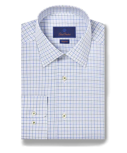 David Donahue Blue & Grass Poplin Check Dress Shirt (Regular Fit)