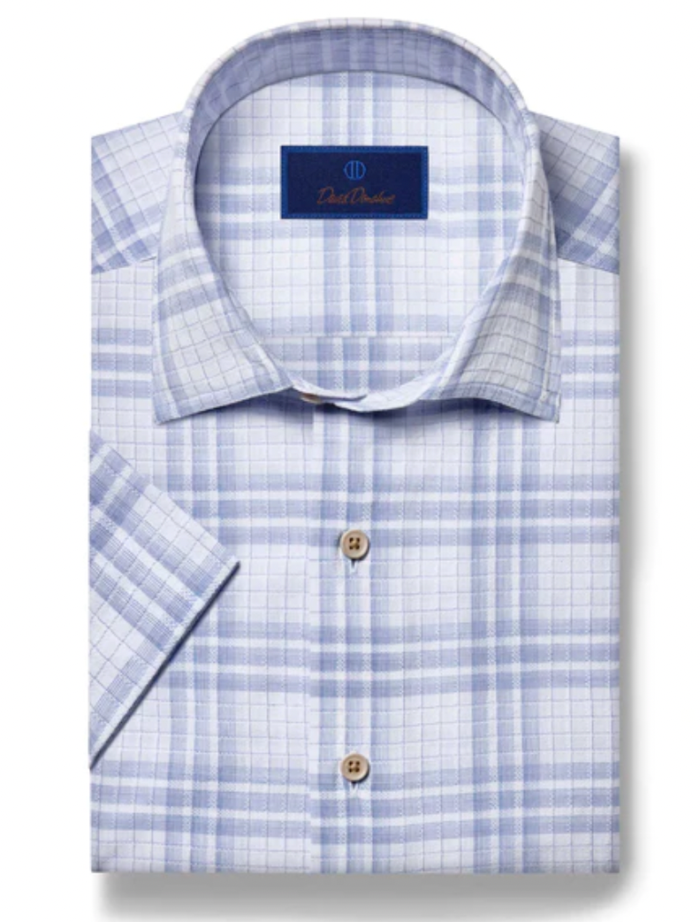David Donahue Blue Textured Plaid Short Sleeve Shirt