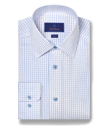 David Donahue White & Blue Grid Check Dress Shirt (Trim Fit)