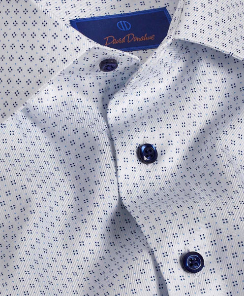 David Donahue White & Blue Geometric Dot Print Dress Shirt (Trim Fit)