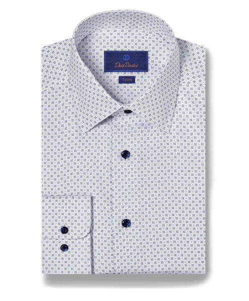 David Donahue White & Blue Geometric Dot Print Dress Shirt (Trim Fit)