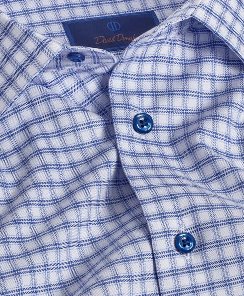 David Donahue Blue & White Herringbone Check Dress Shirt (Trim Fit)