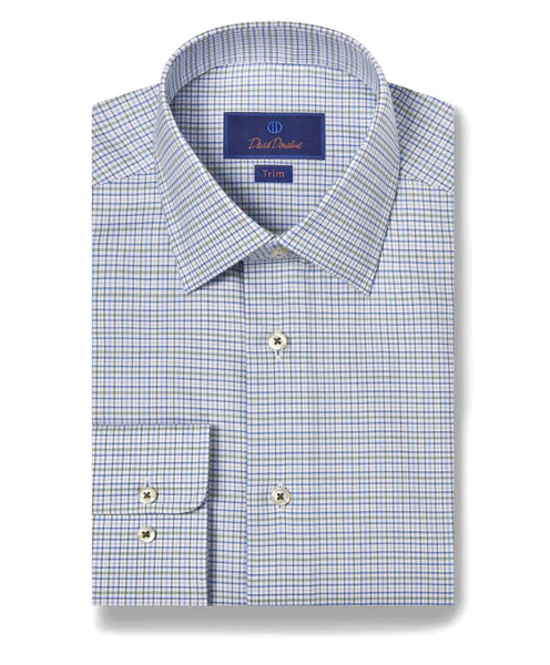 David Donahue Grass & Blue Twill Check Dress Shirt (Trim Fit)