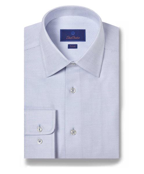 David Donahue White & Blue Herringbone Dress Shirt (Trim Fit)