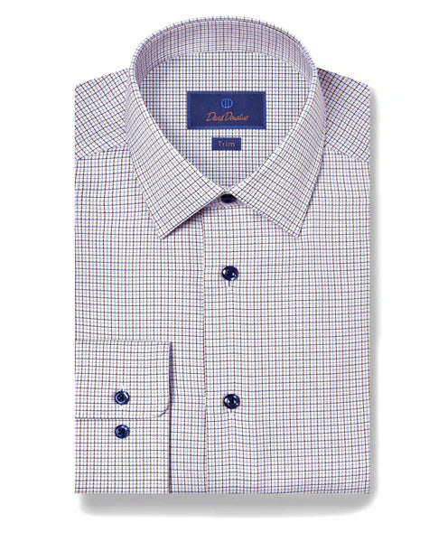 David Donahue Trim Fit Blue & Chocolate Textured Dobby Dress Shirt 15.5 x 34/35