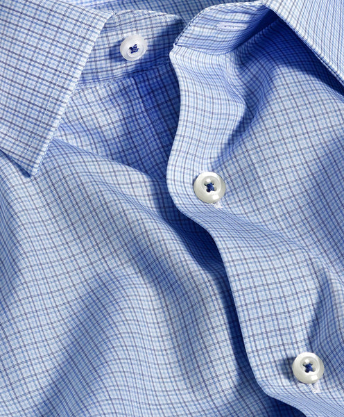 David Donahue Trim Fit Blue & Navy Poplin Check Dress Shirt