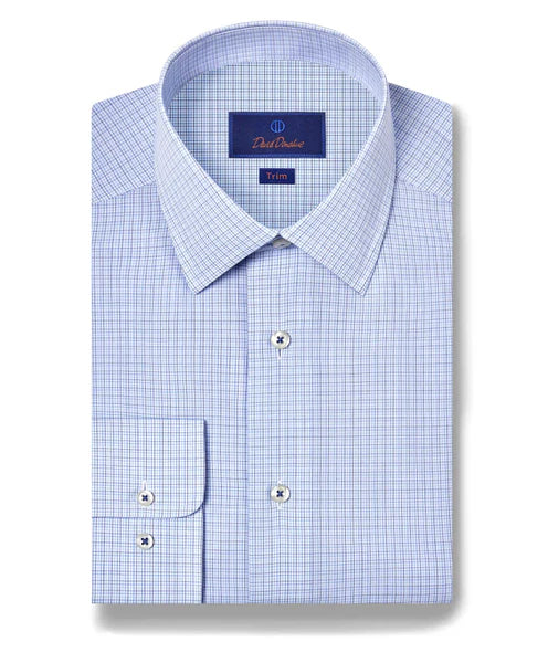 David Donahue Trim Fit Blue & Navy Poplin Check Dress Shirt