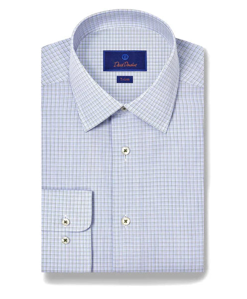 David Donahue Trim Fit Blue & Green Poplin Check Dress Shirt