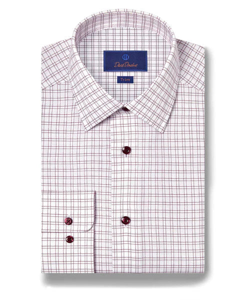 David Donahue Trim Fit White & Merlot Dobby Check Dress Shirt