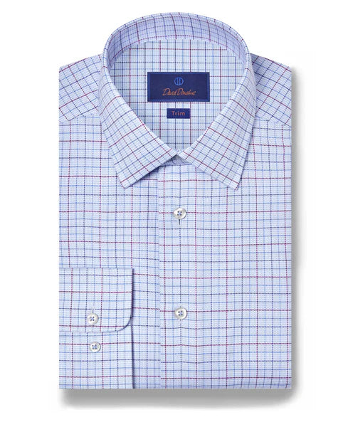 David Donahue Trim Fit Sky & Merlot Twill Check Dress Shirt