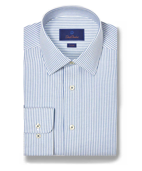 David Donahue White & Blue Stripe Cashmere Blend Dress Shirt