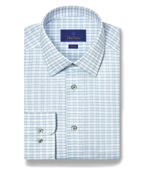 David Donahue White & Pistachio Dobby Check Dress Shirt