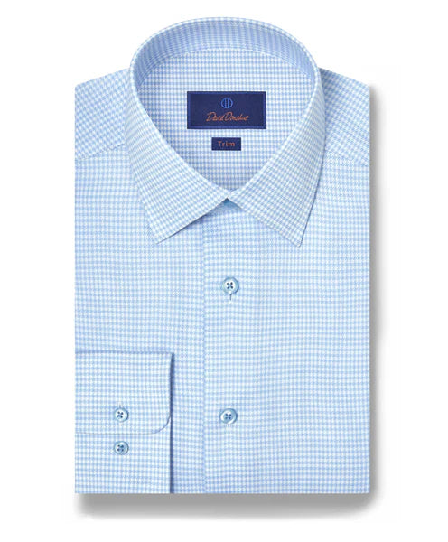 David Donahue Sky & White Twill Micro Check Stretch Dress Shirt