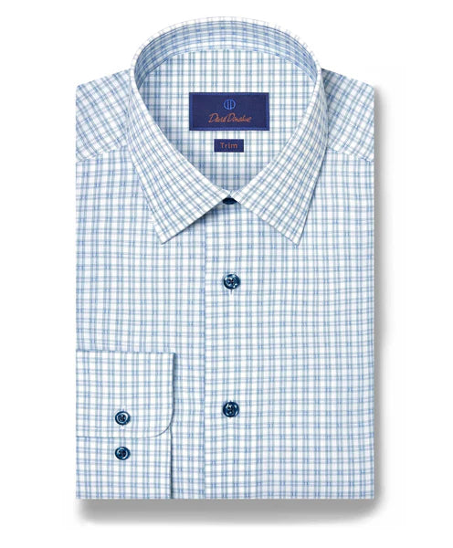 David Donahue White & Green Dobby Check Dress Shirt