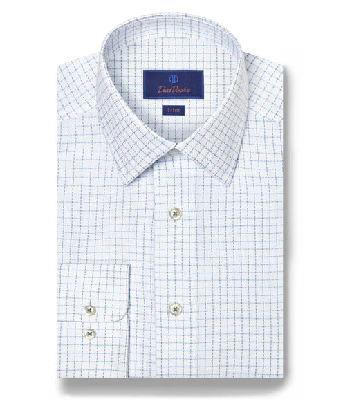 David Donahue White & Blue Dobby Check Dress Shirt
