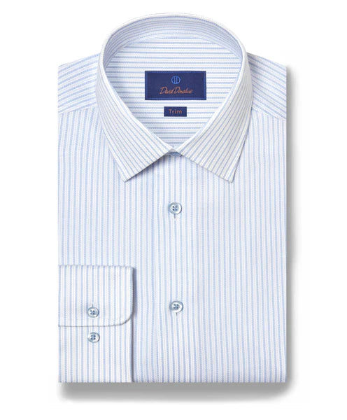 David Donahue White & Sky Twill Stripe Stretch Dress Shirt