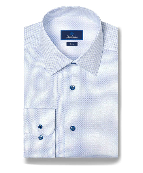 David Donahue White & Blue Micro Geometric Print Stretch Dress Shirt
