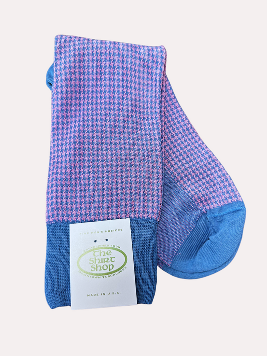 The Shirt Shop - Blue/Pink Houndstooth Dress Sock Mid-Calf
